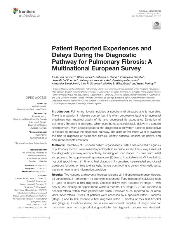 Εμπειρίες και καθυστερήσεις που αναφέρουν οι ασθενείς κατά τη διαγνωστική πορεία για την πνευμονική ίνωση: Μια πολυεθνής ευρωπαϊκή έρευνα